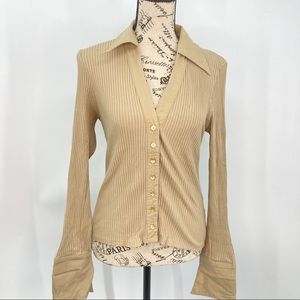 Bebe Beige Ribbed V-Neck Long Sleeve Top
